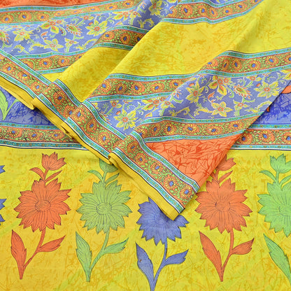 Indian Vintage Sari Yellow Pure Crepe Silk Printed Saree 5yd Sewing Floral Soft Craft Fabric Wrap Dress making Upcycle For Crafting
