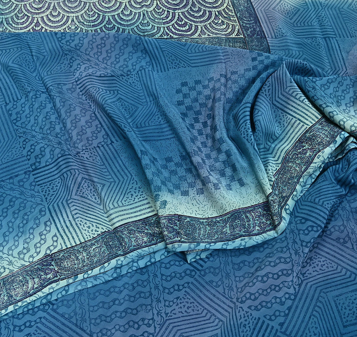 Indian Vintage Sari Blue Pure Crepe Silk Printed Sarees 6yd Sewing Floral Soft Craft Fabric Wrap Dress making Crafting Quilting