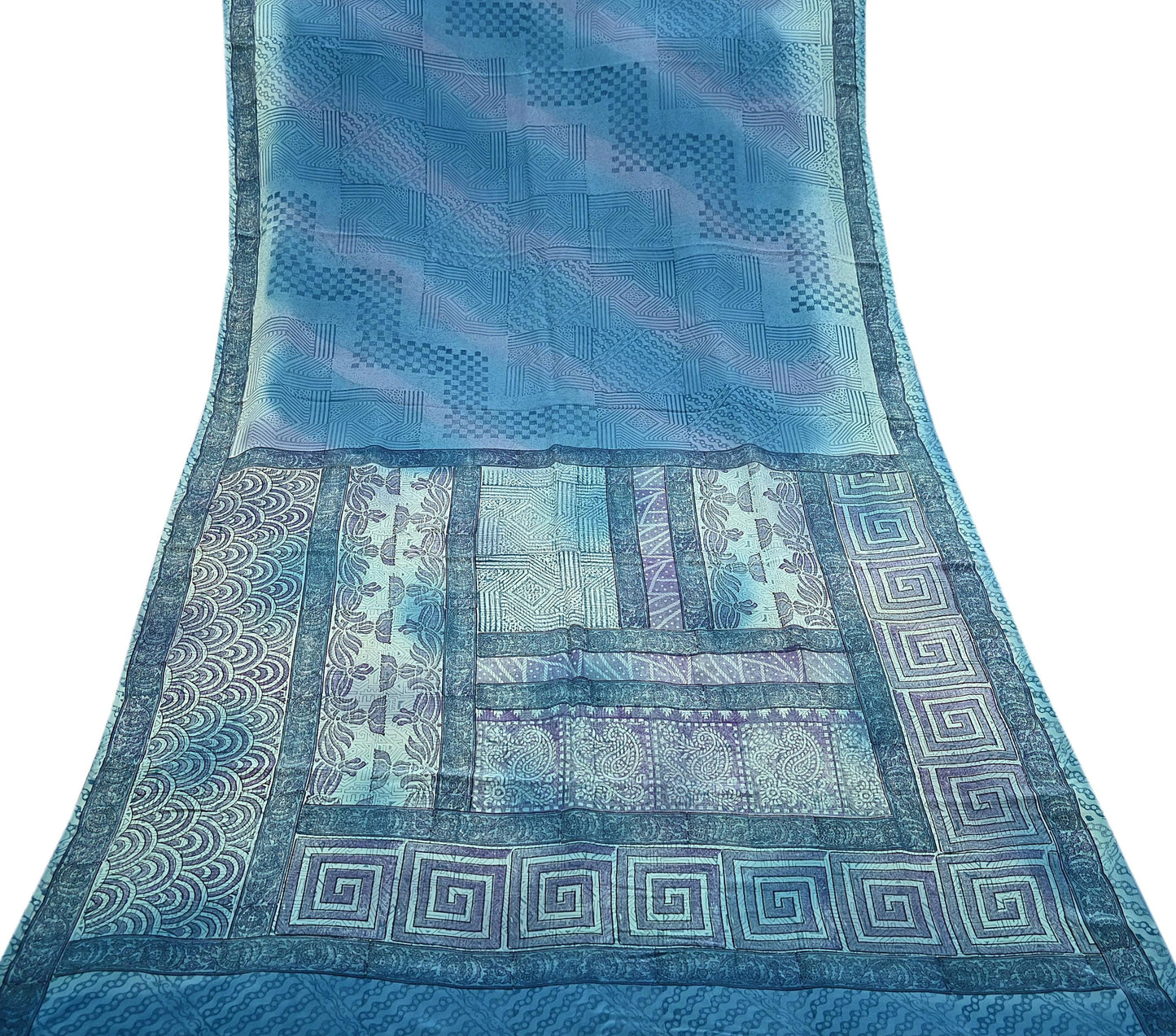 Indian Vintage Sari Blue Pure Crepe Silk Printed Sarees 6yd Sewing Floral Soft Craft Fabric Wrap Dress making Crafting Quilting