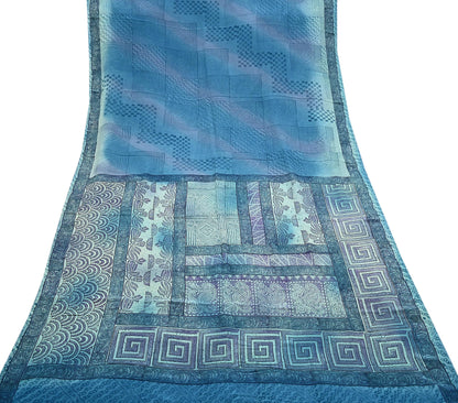 Indian Vintage Sari Blue Pure Crepe Silk Printed Sarees 6yd Sewing Floral Soft Craft Fabric Wrap Dress making Crafting Quilting