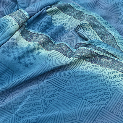 Indian Vintage Sari Blue Pure Crepe Silk Printed Sarees 6yd Sewing Floral Soft Craft Fabric Wrap Dress making Crafting Quilting