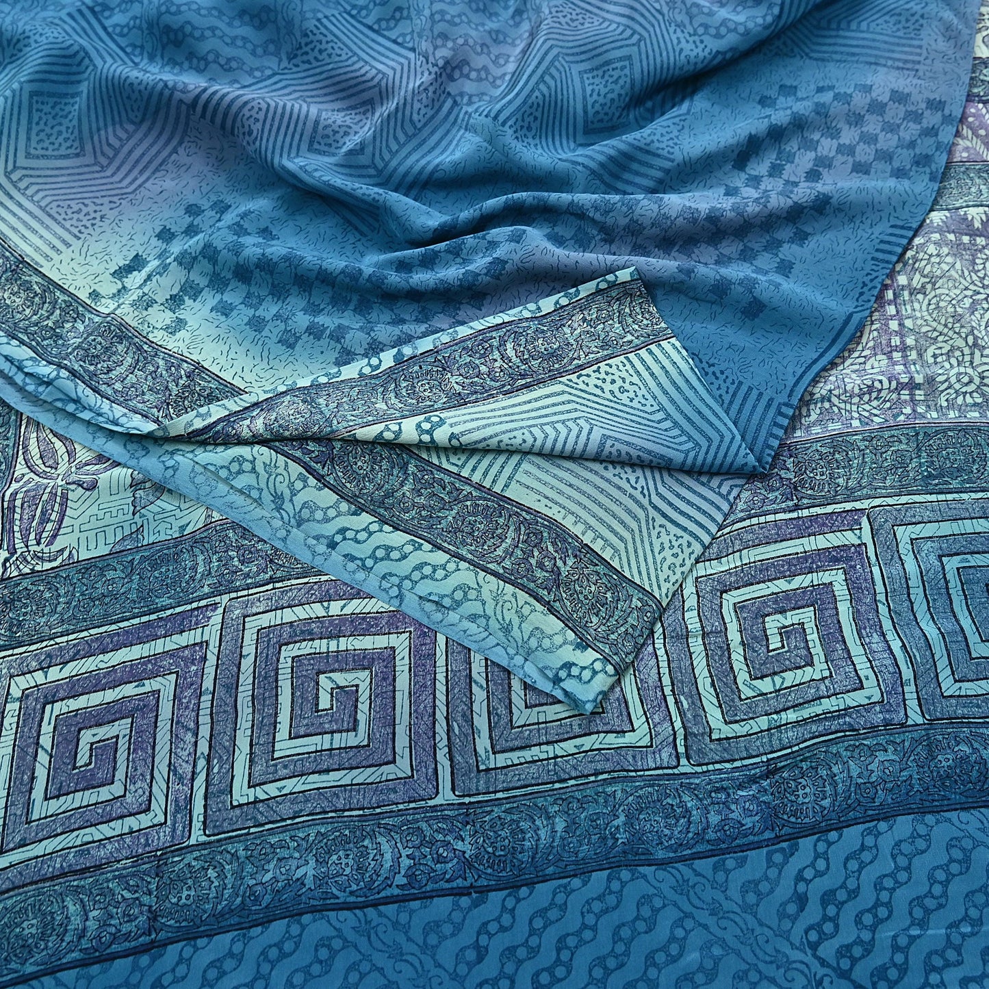 Indian Vintage Sari Blue Pure Crepe Silk Printed Sarees 6yd Sewing Floral Soft Craft Fabric Wrap Dress making Crafting Quilting