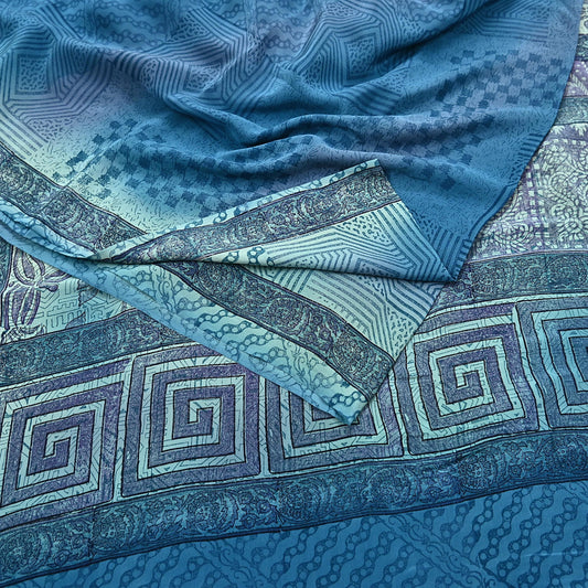 Indian Vintage Sari Blue Pure Crepe Silk Printed Sarees 6yd Sewing Floral Soft Craft Fabric Wrap Dress making Crafting Quilting