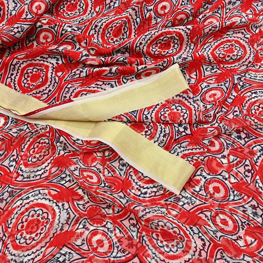 Vintage Sari Ivory & Red Blend Chiffon Printed Saree Sewing 5yd Craft Soft Dress Designing for Crafting Floral Dress Making