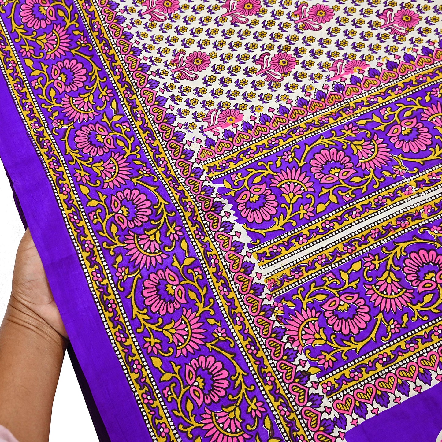 Indian Vintage Sari Ivory & Purple Printed Pure Silk Sarees 5yd Sewing Craft Fabric DressMaking Soft Wrap Upcycle Quilting Crafting Used