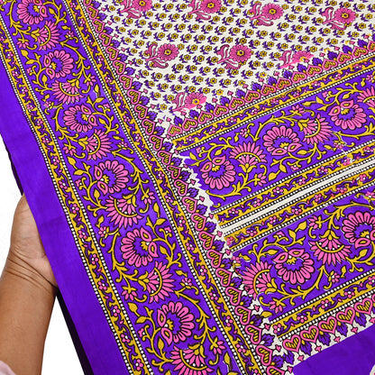 Indian Vintage Sari Ivory & Purple Printed Pure Silk Sarees 5yd Sewing Craft Fabric DressMaking Soft Wrap Upcycle Quilting Crafting Used
