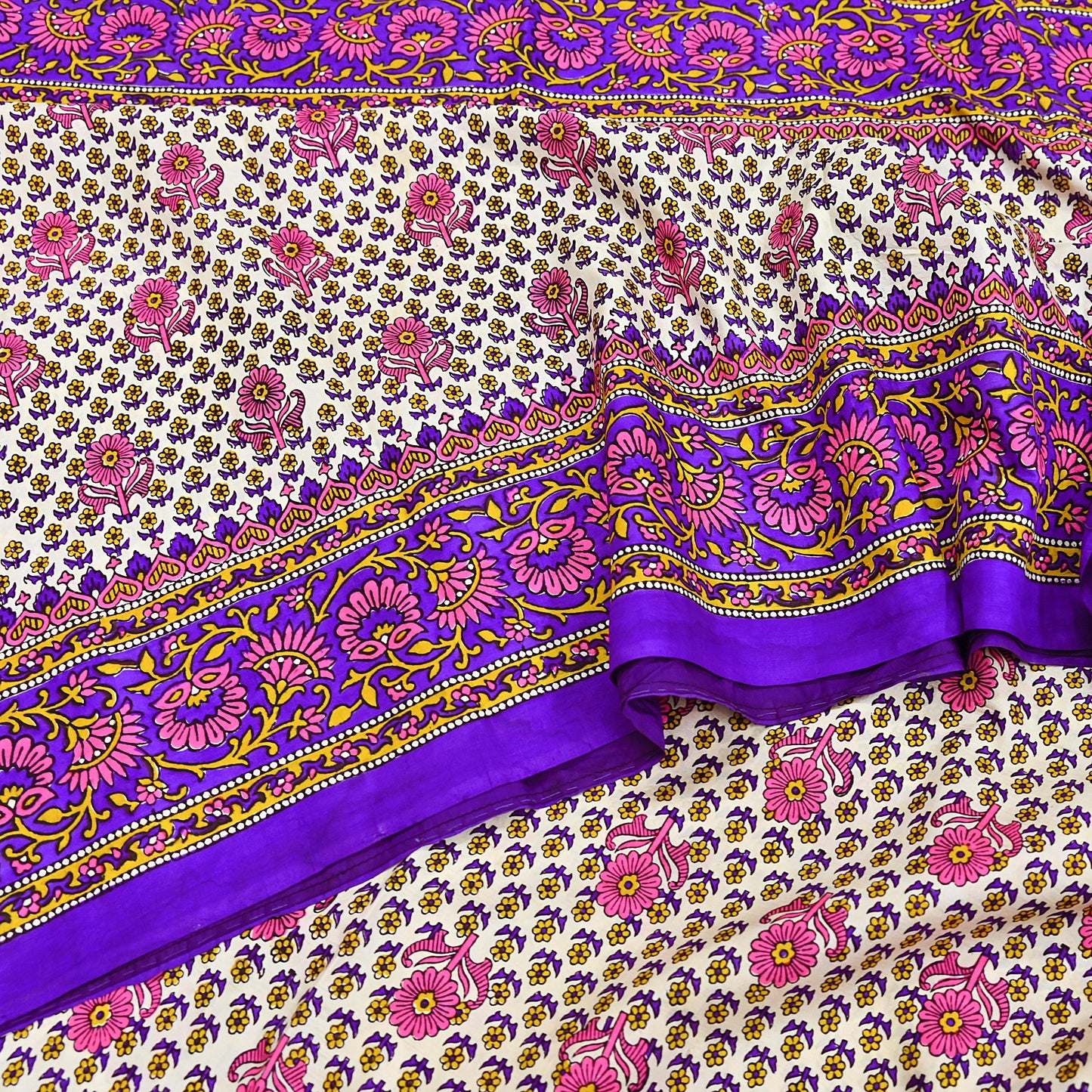 Indian Vintage Sari Ivory & Purple Printed Pure Silk Sarees 5yd Sewing Craft Fabric DressMaking Soft Wrap Upcycle Quilting Crafting Used