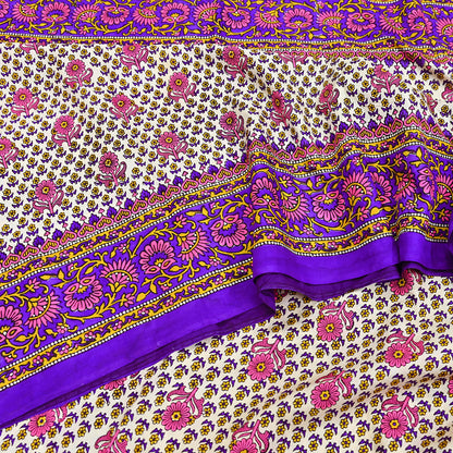 Indian Vintage Sari Ivory & Purple Printed Pure Silk Sarees 5yd Sewing Craft Fabric DressMaking Soft Wrap Upcycle Quilting Crafting Used