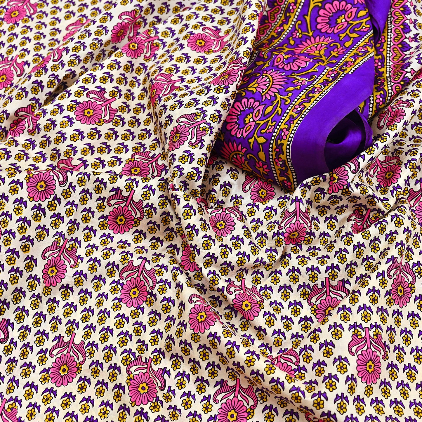 Indian Vintage Sari Ivory & Purple Printed Pure Silk Sarees 5yd Sewing Craft Fabric DressMaking Soft Wrap Upcycle Quilting Crafting Used
