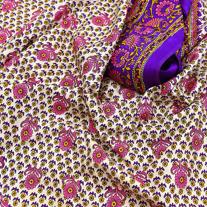 Indian Vintage Sari Ivory & Purple Printed Pure Silk Sarees 5yd Sewing Craft Fabric DressMaking Soft Wrap Upcycle Quilting Crafting Used