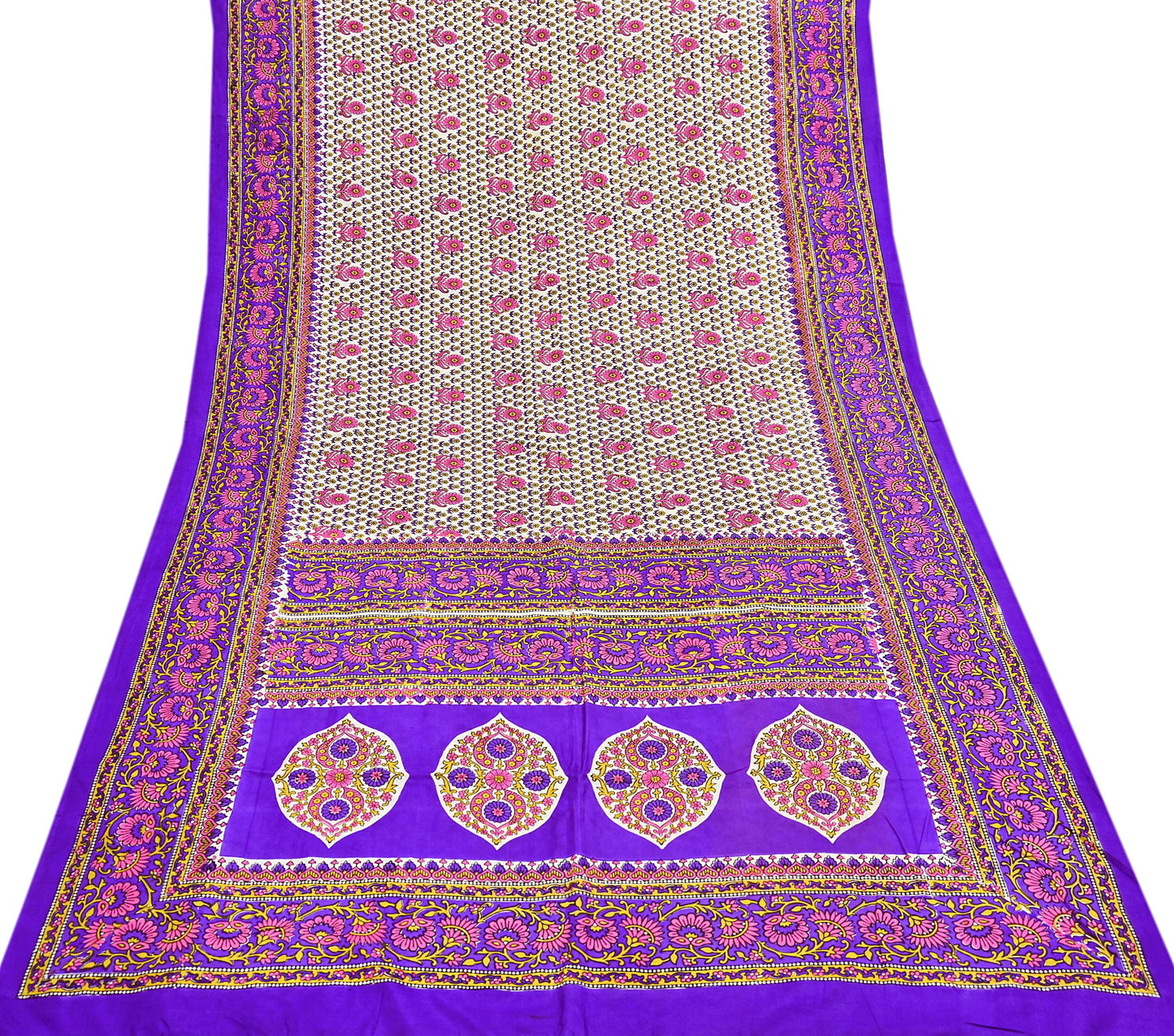 Indian Vintage Sari Ivory & Purple Printed Pure Silk Sarees 5yd Sewing Craft Fabric DressMaking Soft Wrap Upcycle Quilting Crafting Used