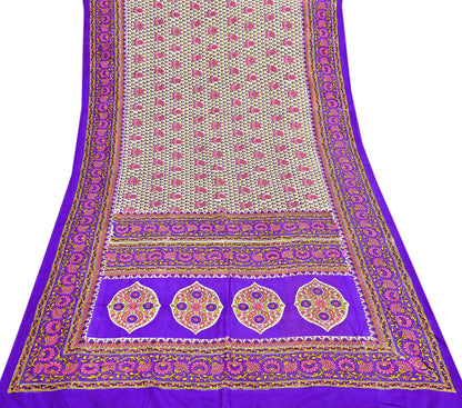 Indian Vintage Sari Ivory & Purple Printed Pure Silk Sarees 5yd Sewing Craft Fabric DressMaking Soft Wrap Upcycle Quilting Crafting Used