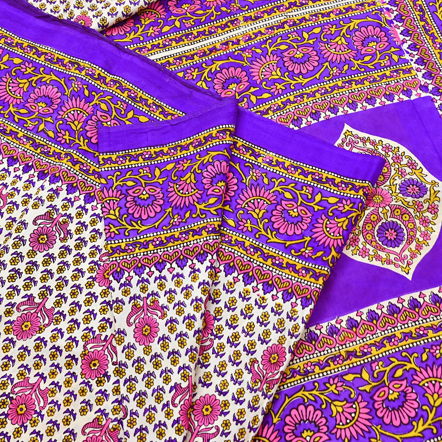 Indian Vintage Sari Ivory & Purple Printed Pure Silk Sarees 5yd Sewing Craft Fabric DressMaking Soft Wrap Upcycle Quilting Crafting Used