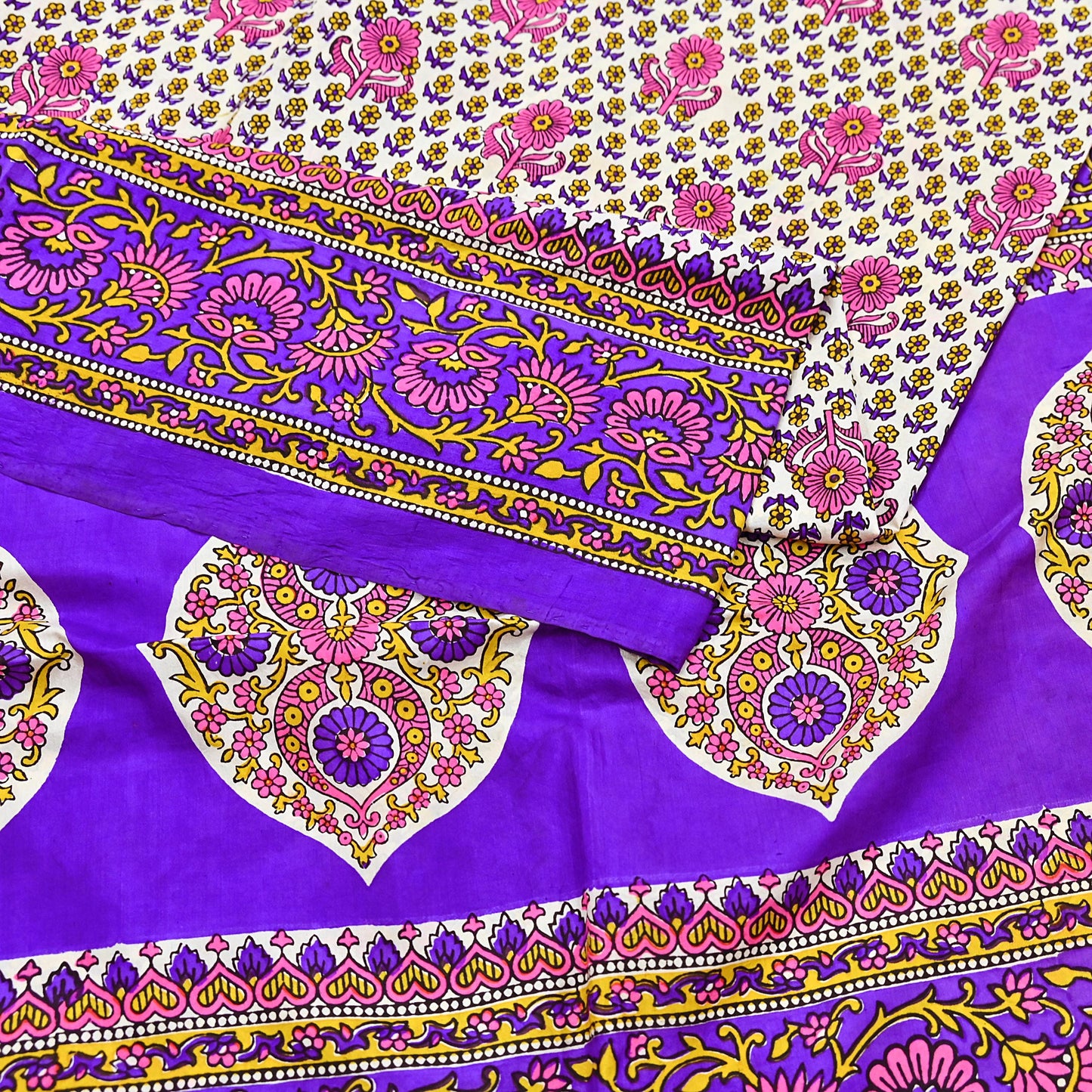 Indian Vintage Sari Ivory & Purple Printed Pure Silk Sarees 5yd Sewing Craft Fabric DressMaking Soft Wrap Upcycle Quilting Crafting Used