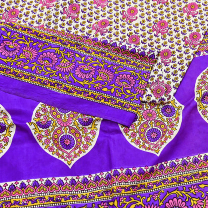 Indian Vintage Sari Ivory & Purple Printed Pure Silk Sarees 5yd Sewing Craft Fabric DressMaking Soft Wrap Upcycle Quilting Crafting Used