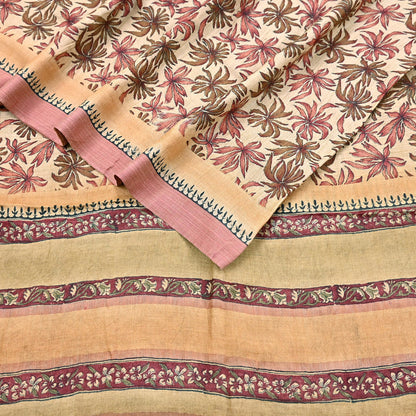 Indian Vintage Sari Beige Pure Woolen Woven Printed Sarees Soft Warm Craft Fabric 6Yd Floral Dress making Crafting Quilting