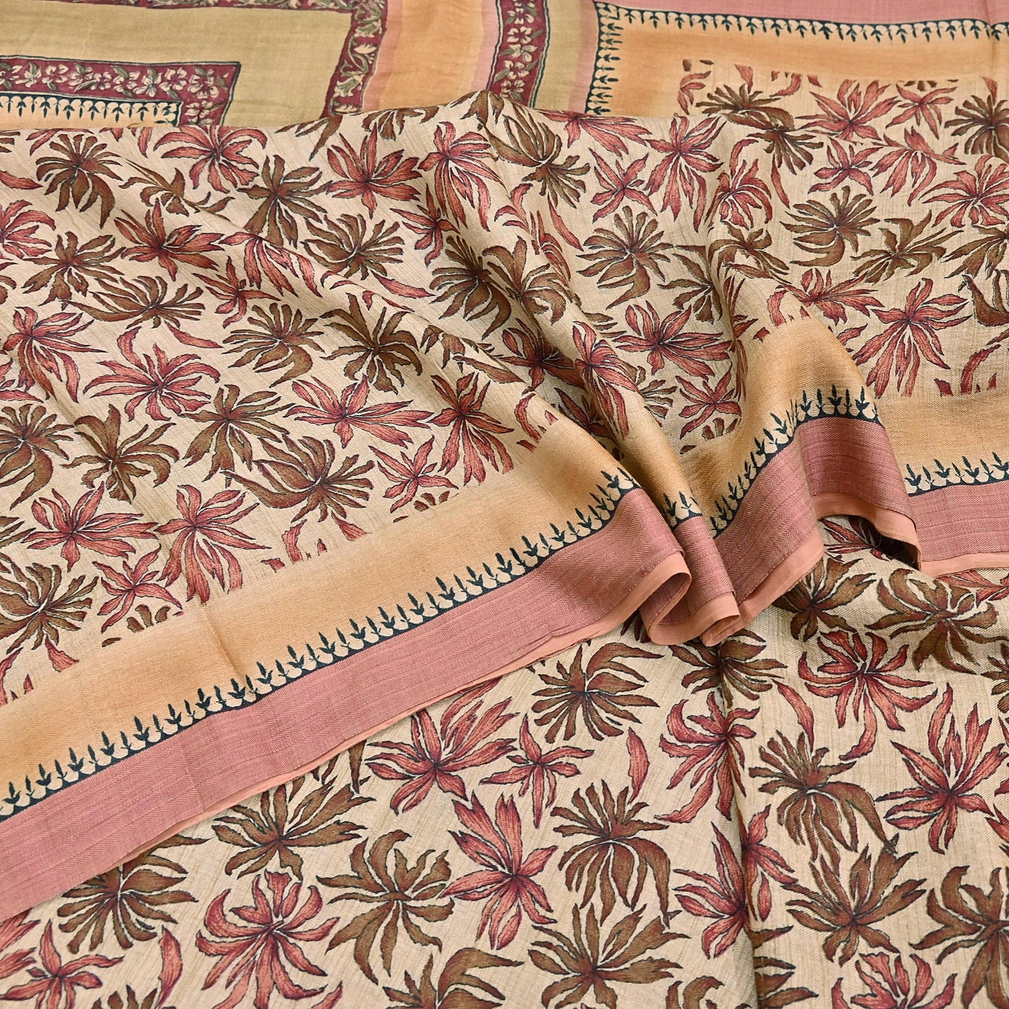 Indian Vintage Sari Beige Pure Woolen Woven Printed Sarees Soft Warm Craft Fabric 6Yd Floral Dress making Crafting Quilting