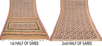 Indian Vintage Sari Beige Pure Woolen Woven Printed Sarees Soft Warm Craft Fabric 6Yd Floral Dress making Crafting Quilting