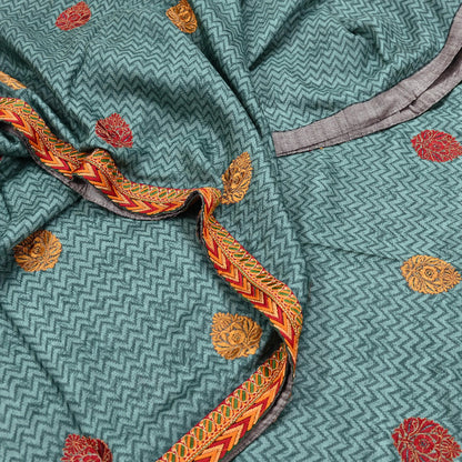 Indian Vintage Green Sarees Pure Woolen Woven Printed  Sari Soft Warm Craft Fabric 5Yd Woven Border Dress making Crafting Quilting