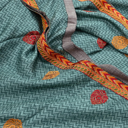 Indian Vintage Green Sarees Pure Woolen Woven Printed  Sari Soft Warm Craft Fabric 5Yd Woven Border Dress making Crafting Quilting