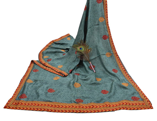 Indian Vintage Green Sarees Pure Woolen Woven Printed  Sari Soft Warm Craft Fabric 5Yd Woven Border Dress making Crafting Quilting