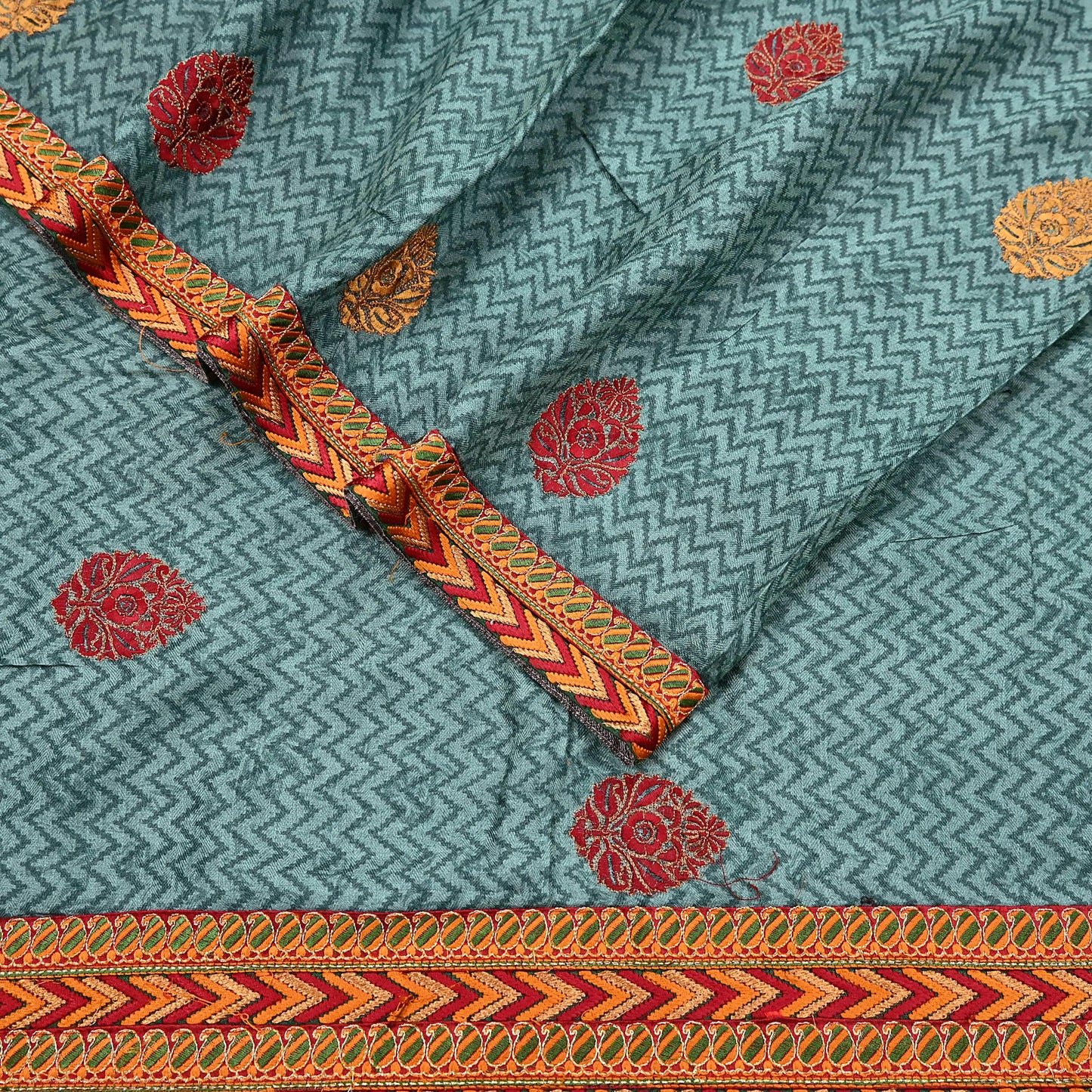 Indian Vintage Green Sarees Pure Woolen Woven Printed  Sari Soft Warm Craft Fabric 5Yd Woven Border Dress making Crafting Quilting