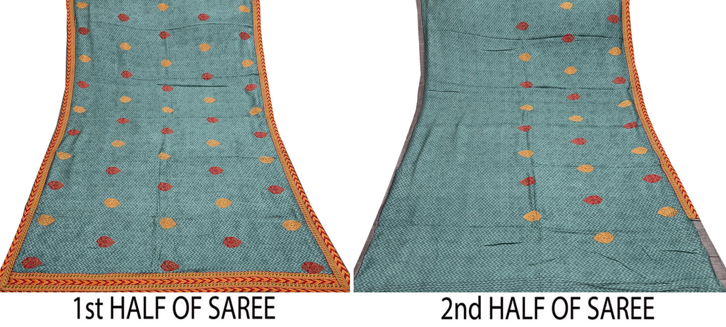 Indian Vintage Green Sarees Pure Woolen Woven Printed  Sari Soft Warm Craft Fabric 5Yd Woven Border Dress making Crafting Quilting