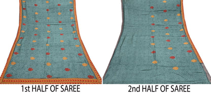 Indian Vintage Green Sarees Pure Woolen Woven Printed  Sari Soft Warm Craft Fabric 5Yd Woven Border Dress making Crafting Quilting