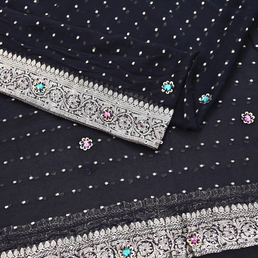 Indian Vintage Black Dupatta Long Stole Pure Georgette Silk Hand Woven Scarves Veil Scarf Wrap Hippie Boho Soft