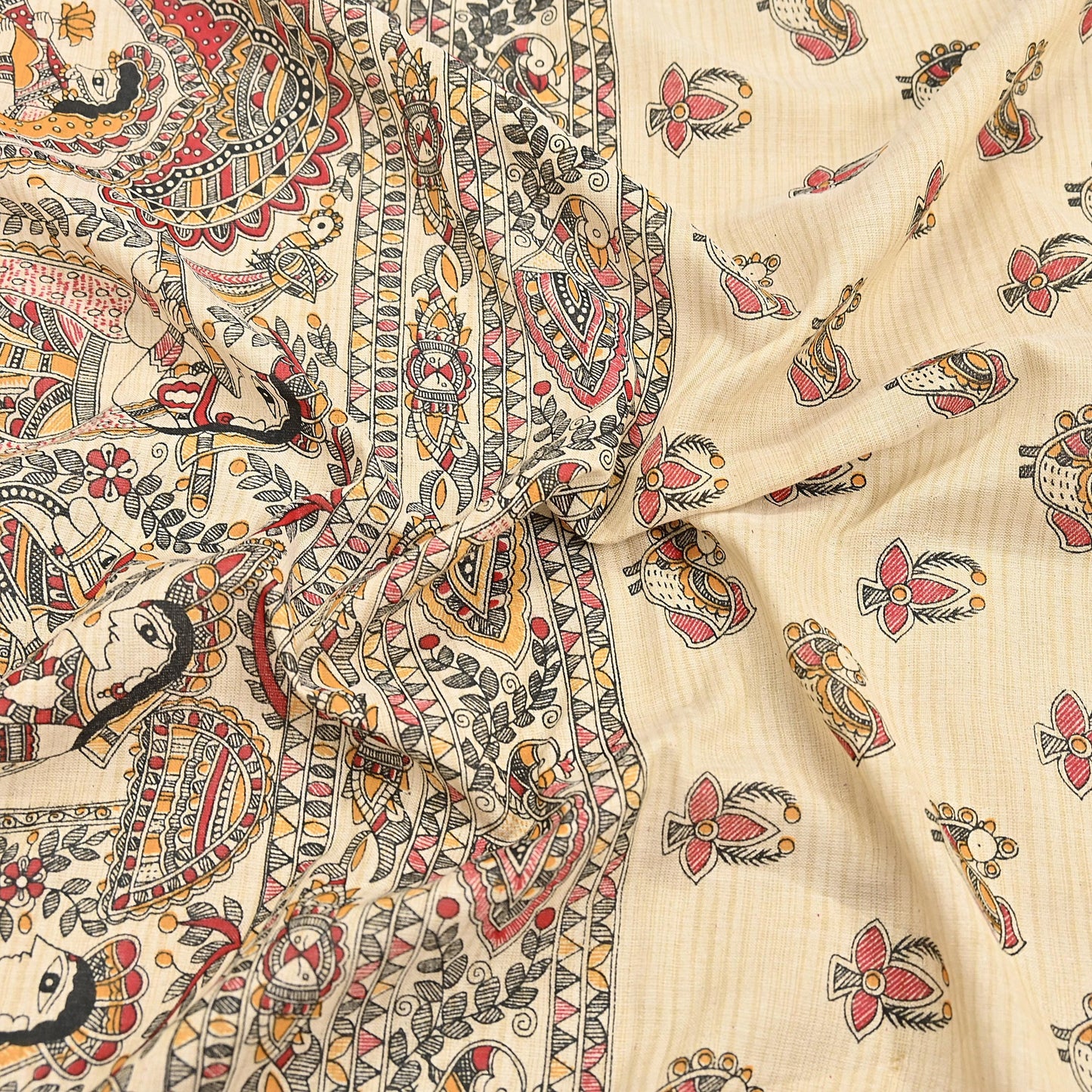 Indian Beige & red Vintage Dupatta Long Stole Madhubani Print Pure Cotton Scarves Scarf Veil Wrap Boho Soft Floral Design