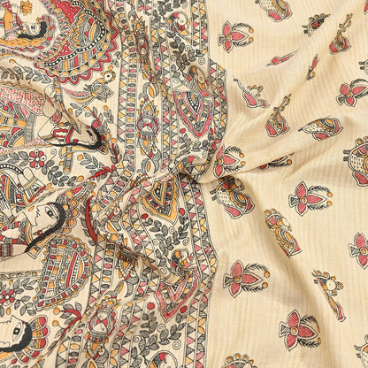 Indian Beige & red Vintage Dupatta Long Stole Madhubani Print Pure Cotton Scarves Scarf Veil Wrap Boho Soft Floral Design