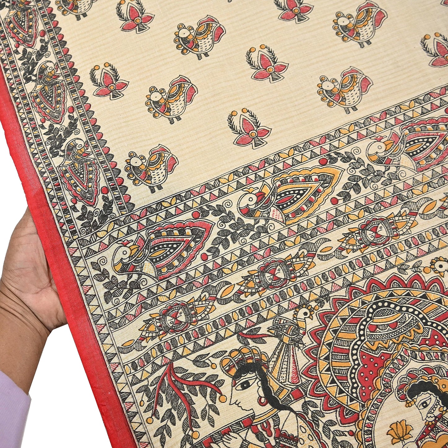 Indian Beige & red Vintage Dupatta Long Stole Madhubani Print Pure Cotton Scarves Scarf Veil Wrap Boho Soft Floral Design