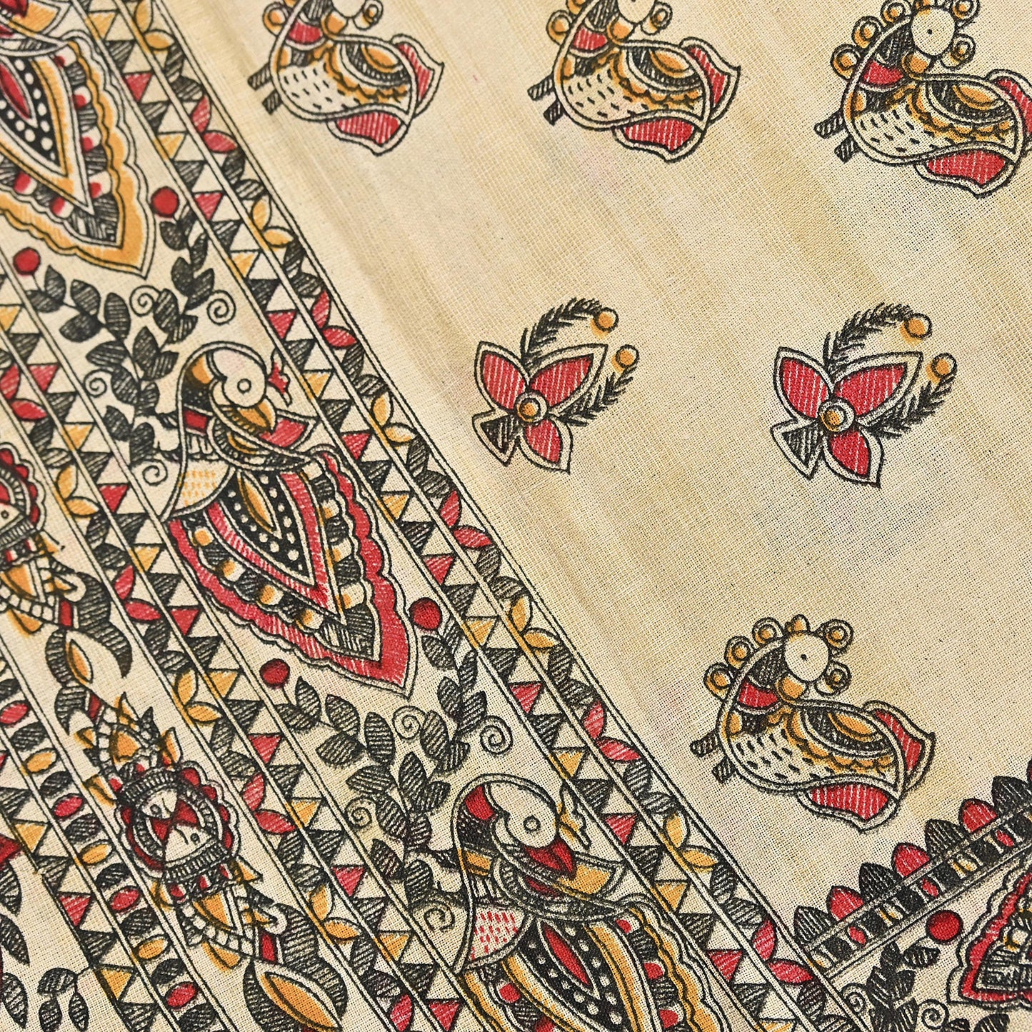 Indian Beige & red Vintage Dupatta Long Stole Madhubani Print Pure Cotton Scarves Scarf Veil Wrap Boho Soft Floral Design