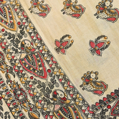 Indian Beige & red Vintage Dupatta Long Stole Madhubani Print Pure Cotton Scarves Scarf Veil Wrap Boho Soft Floral Design