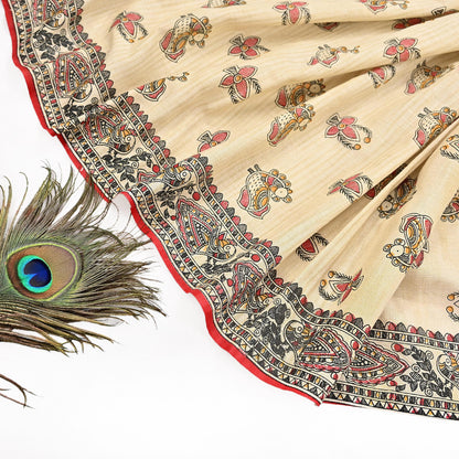 Indian Beige & red Vintage Dupatta Long Stole Madhubani Print Pure Cotton Scarves Scarf Veil Wrap Boho Soft Floral Design