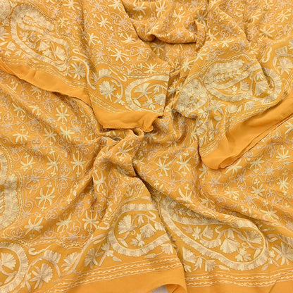 Indian Vintage Dupatta Mustard Pure Georgette silk Long Stole Hand Embroidered ari work Scarves Stole Veil Wrap