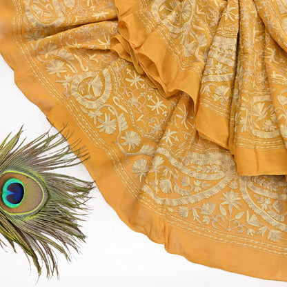 Indian Vintage Dupatta Mustard Pure Georgette silk Long Stole Hand Embroidered ari work Scarves Stole Veil Wrap