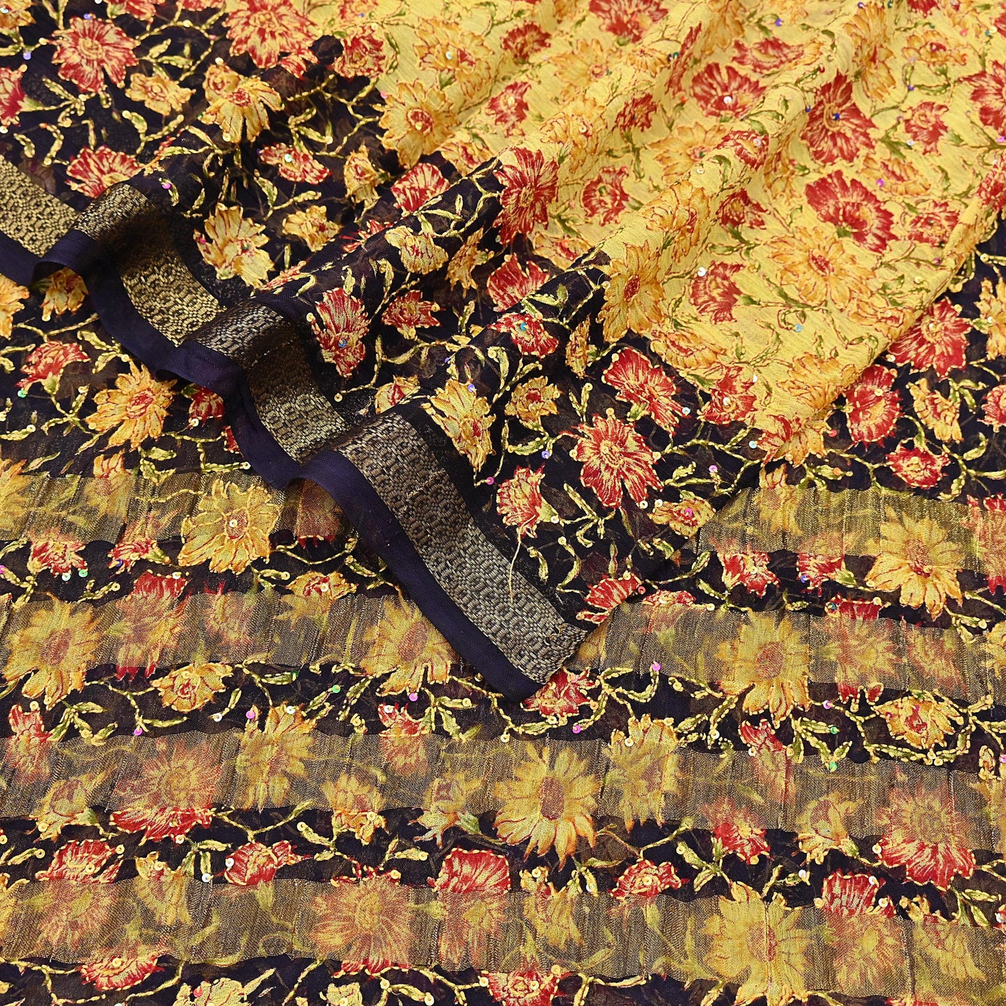 Indian Vintage Dupatta Long Stole Hand Embroidered kantha stole Blend Cotton Scarves Veil Wrap Soft Floral Sequins