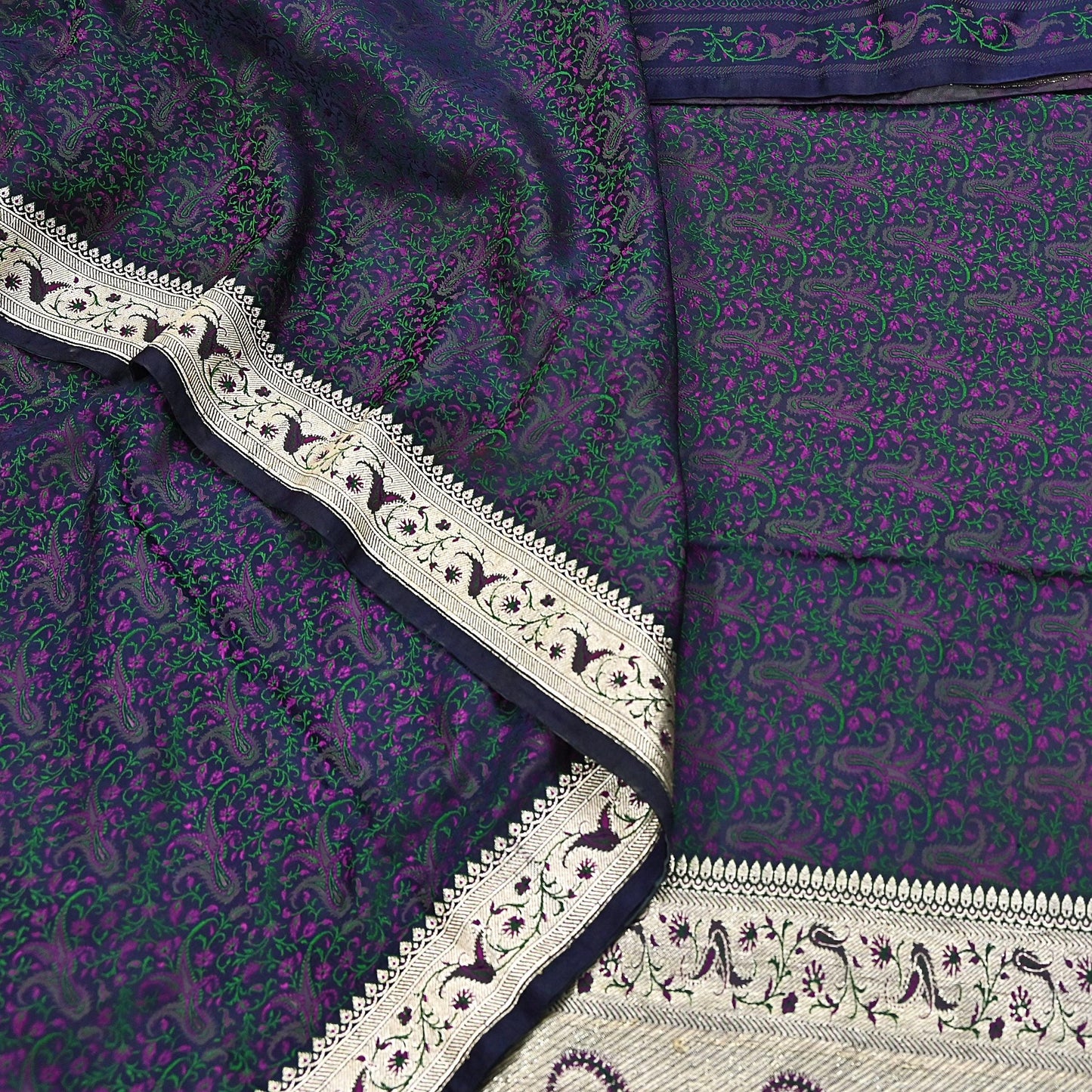 Indian Vintage Sari Blue Heavy Pure Satin Silk Woven Banarasi Tanchoi Sari Zari 5Yd Craft Fabric Dress making Ethnic Crafting Upcycle