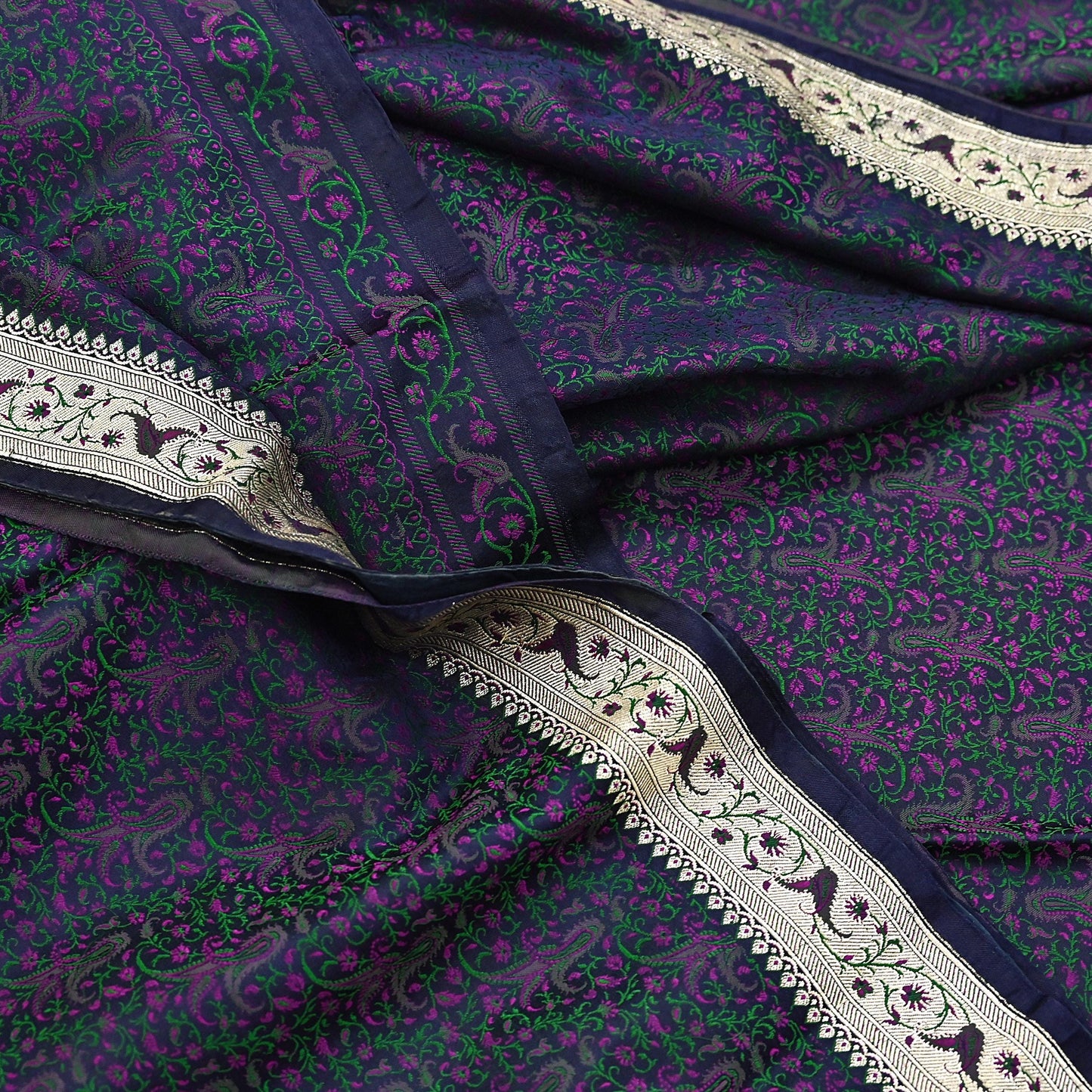 Indian Vintage Sari Blue Heavy Pure Satin Silk Woven Banarasi Tanchoi Sari Zari 5Yd Craft Fabric Dress making Ethnic Crafting Upcycle