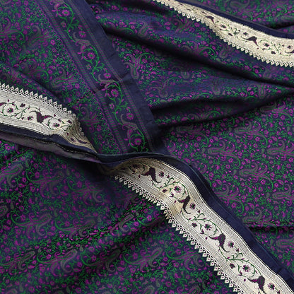 Indian Vintage Sari Blue Heavy Pure Satin Silk Woven Banarasi Tanchoi Sari Zari 5Yd Craft Fabric Dress making Ethnic Crafting Upcycle