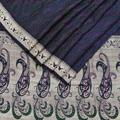 Indian Vintage Sari Blue Heavy Pure Satin Silk Woven Banarasi Tanchoi Sari Zari 5Yd Craft Fabric Dress making Ethnic Crafting Upcycle