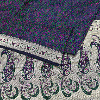 Indian Vintage Sari Blue Heavy Pure Satin Silk Woven Banarasi Tanchoi Sari Zari 5Yd Craft Fabric Dress making Ethnic Crafting Upcycle