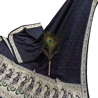Indian Vintage Sari Blue Heavy Pure Satin Silk Woven Banarasi Tanchoi Sari Zari 5Yd Craft Fabric Dress making Ethnic Crafting Upcycle