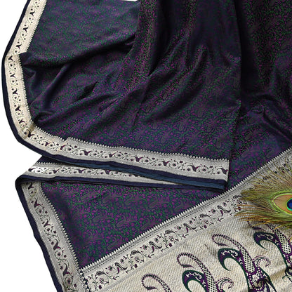 Indian Vintage Sari Blue Heavy Pure Satin Silk Woven Banarasi Tanchoi Sari Zari 5Yd Craft Fabric Dress making Ethnic Crafting Upcycle