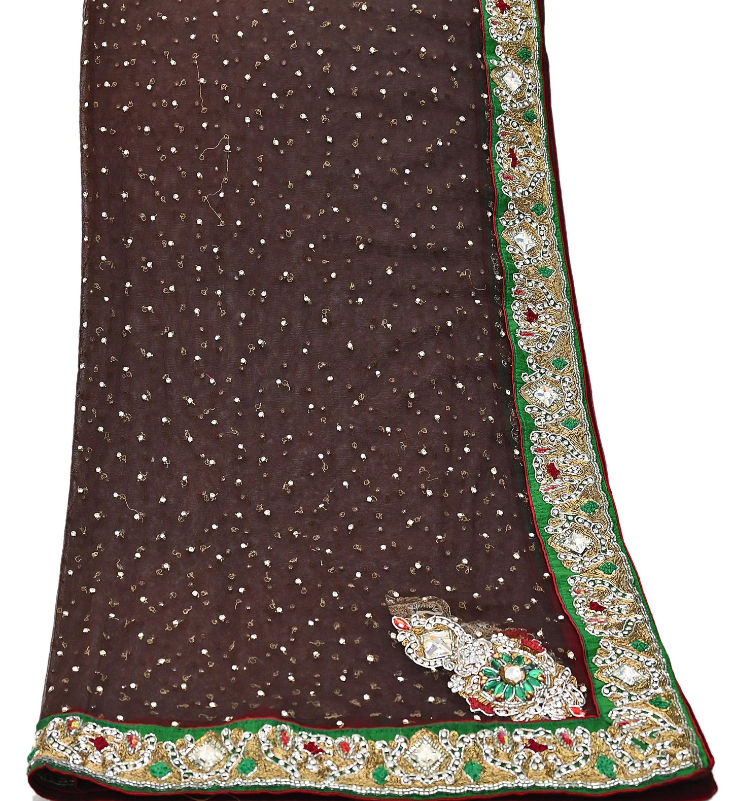 Indian Vintage Heavy Brown Dupatta Net Mesh Long Stole Hand Embroidered Scarves Golden Zardozi Dabka Zari Stole