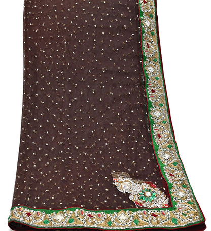 Indian Vintage Heavy Brown Dupatta Net Mesh Long Stole Hand Embroidered Scarves Golden Zardozi Dabka Zari Stole