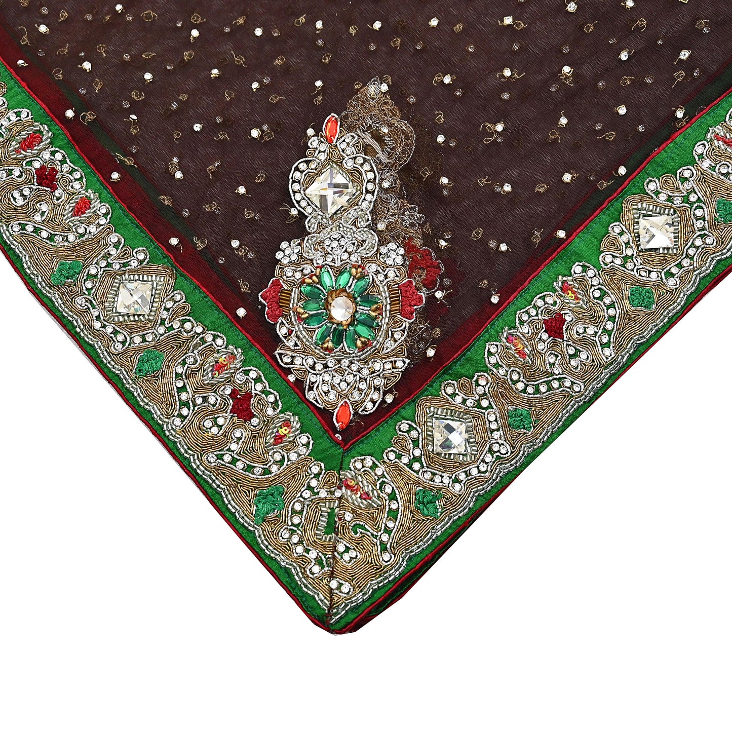 Indian Vintage Heavy Brown Dupatta Net Mesh Long Stole Hand Embroidered Scarves Golden Zardozi Dabka Zari Stole
