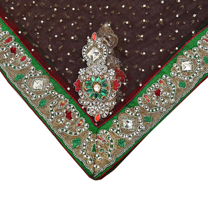 Indian Vintage Heavy Brown Dupatta Net Mesh Long Stole Hand Embroidered Scarves Golden Zardozi Dabka Zari Stole