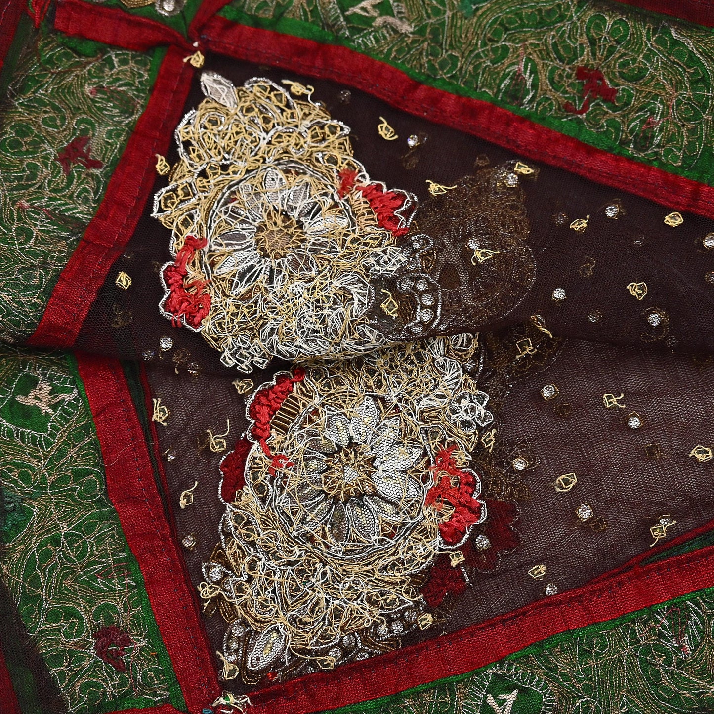 Indian Vintage Heavy Brown Dupatta Net Mesh Long Stole Hand Embroidered Scarves Golden Zardozi Dabka Zari Stole